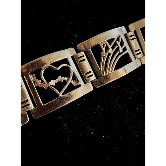 1940's Sterling Silver Picture Panel Bracelet Love Music Nature Celestrial - Picture 3 of 9